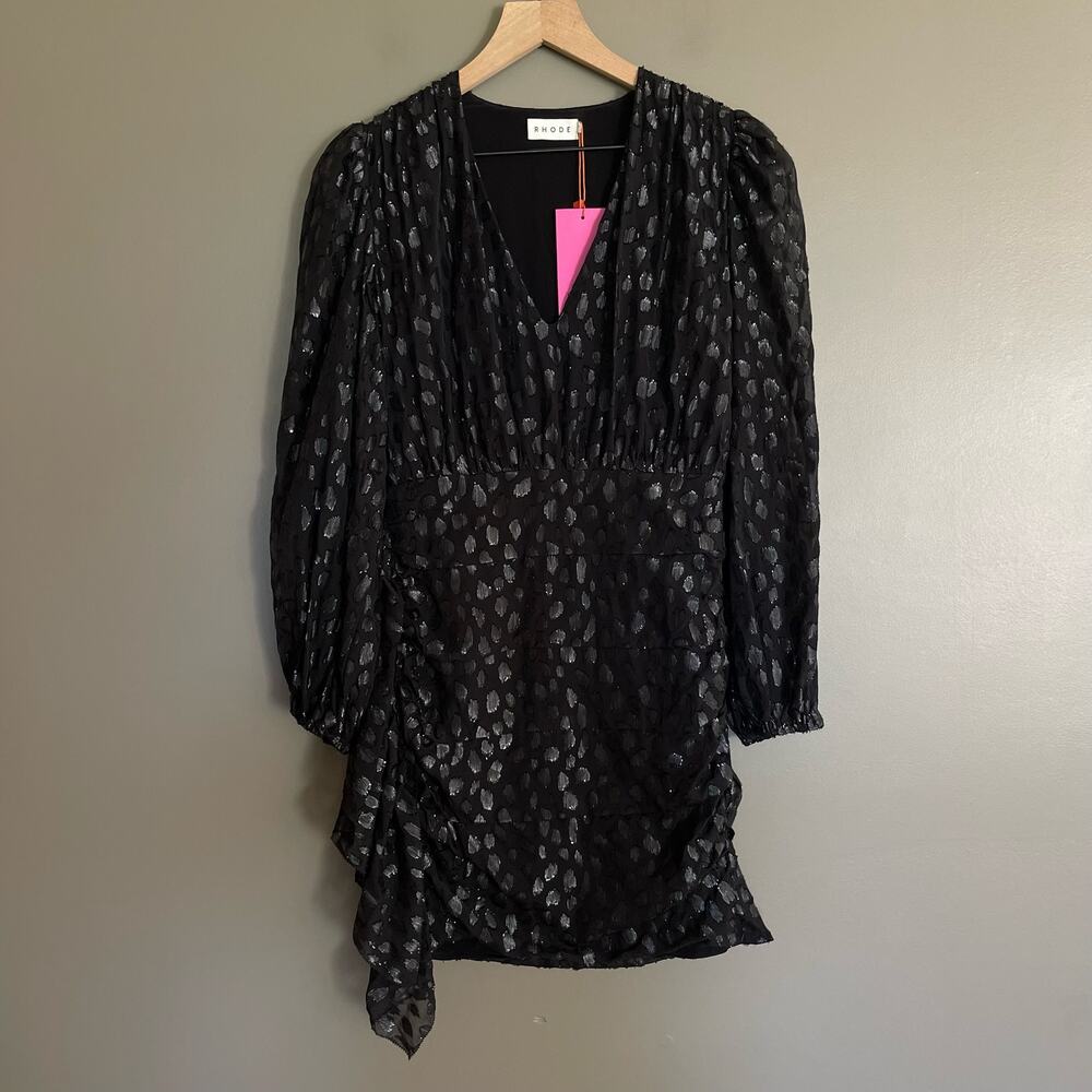 NWT RHODE Bianca Dress Black Metallic Size 2 Long Sleeve V-Neck Ruffles Blouson - Picture 3 of 16